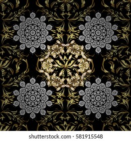 Golden pattern on black background with golden elements. Damask classic white and golden pattern. Vector abstract background with repeating elements.