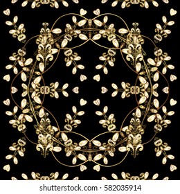 Golden pattern on black background with golden elements. Seamless classic golden pattern. Vector traditional orient ornament.