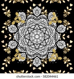 Golden pattern on black background with golden elements. Floral tiles. Seamless pattern oriental ornament. Islamic design. Vector golden textile print.