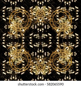 Golden pattern on black background with golden elements. Vintage pattern on black background with golden elements. Christmas, snowflake, new year.
