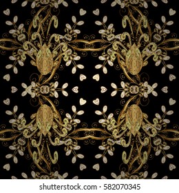 Golden pattern on black background with golden elements. Seamless classic vector golden pattern. Classic vintage background. Traditional orient ornament.