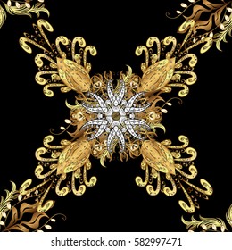 Golden pattern on black background with golden elements. Seamless classic golden pattern. Vector traditional orient ornament.