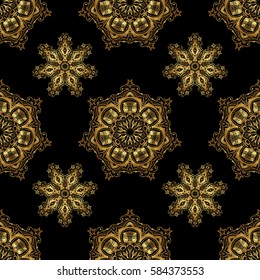 Golden pattern on a black background. Vintage sketch. Elegant retro vector seamless pattern.