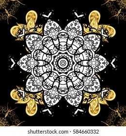 Golden pattern on black background with white doodles. Vector golden pattern. Seamless golden textured curls in oriental style arabesques.