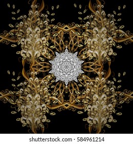 Golden pattern on black background with golden elements. Traditional orient ornament. Seamless classic vector golden pattern. Classic vintage background.