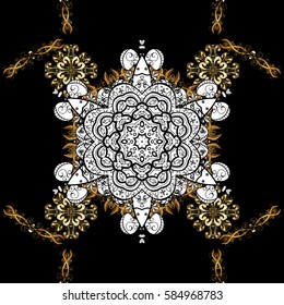 Golden pattern on black background with with white doodles. Seamless golden textured curls. Vector golden pattern. Oriental style arabesques.