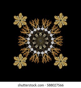 Golden pattern on black background with golden elements. Oriental ornament in the style of baroque. Vector oriental ornament. Traditional classic golden pattern.
