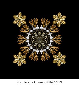 Golden pattern on black background with golden elements. Oriental ornament in the style of baroque. Vector oriental ornament. Traditional classic golden pattern.