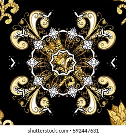Golden pattern on black background with white doodles. Vector golden pattern. Golden textured curls in oriental style arabesques.