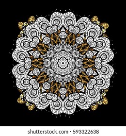 Golden pattern on black background with golden elements. Backdrop, fabric, gold wallpaper. Flat hand drawn vintage collection. Vector golden.