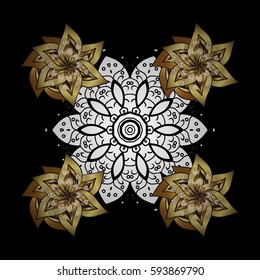 Golden pattern on black background with white doodles. Vector golden pattern. Golden textured curls in oriental style arabesques.