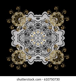 Golden pattern on black background with golden elements. Vintage pattern on black background with golden elements. Christmas, snowflake, new year.