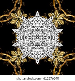 Golden pattern on black background with golden elements. Ornate decoration. Vector vintage baroque floral pattern in gold. Luxury, royal and Victorian concept.