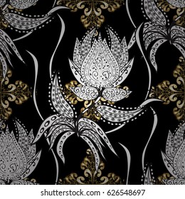 Golden pattern on black background with golden elements. Seamless classic golden pattern. Vector traditional orient ornament.