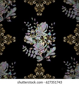 Golden pattern on black background with golden elements. Seamless pattern oriental ornament. Floral tiles. Vector golden textile print. Islamic design.