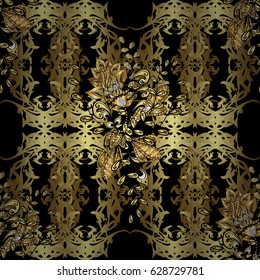Golden pattern on black background with golden elements. Seamless classic golden pattern. Vector traditional orient ornament.