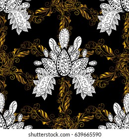 Golden pattern on black background with with white doodles. Vector golden pattern. Oriental style arabesques. Seamless golden textured curls.
