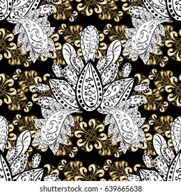 Golden pattern on black background with golden elements. Traditional orient ornament. Seamless classic vector golden pattern. Classic vintage background.