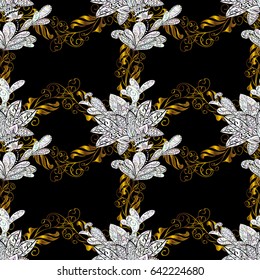 Golden pattern on black background with golden elements. Seamless classic vector golden pattern. Classic vintage background. Traditional orient ornament.
