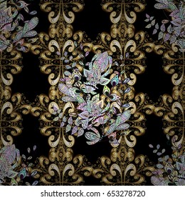 Golden pattern on black background with golden elements. Seamless vintage pattern on black background with golden elements. Christmas, snowflake, new year.