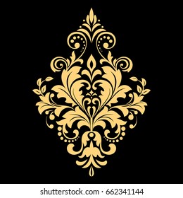 Golden pattern on a black background. Damask graphic ornament. Floral design element.