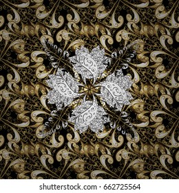 Golden pattern on black background with golden elements. Ornate decoration. Vector vintage baroque floral seamless pattern in gold. Luxury, royal and Victorian concept.