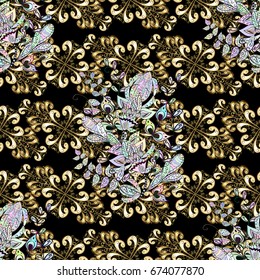 Golden pattern on black background with with white doodles. Vector golden pattern. Oriental style arabesques. Seamless golden textured curls.
