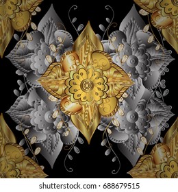 Golden pattern on black background with golden elements. Flat hand drawn vintage collection. Backdrop, fabric, gold wallpaper. Vector golden seamless pattern.