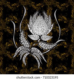 Golden pattern on black background with golden elements. Seamless oriental ornament in the style of baroque. Vector oriental ornament. Traditional classic golden pattern.