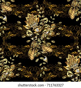 Golden pattern on black background with golden elements. Seamless oriental ornament in the style of baroque. Vector oriental ornament. Traditional classic golden pattern.