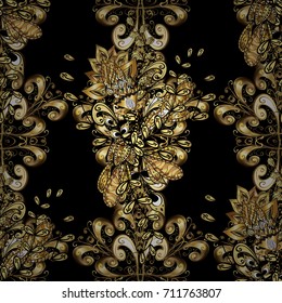 Golden pattern on black background with golden elements. Islamic design. Floral tiles. Oriental ornament. Vector golden textile print.