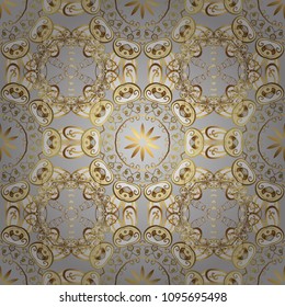 Golden pattern on black, beige and brown colors with golden elements. Ornate vector decoration. Seamless damask pattern background for wallpaper design in the style of Baroque.