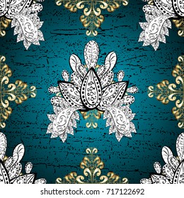 Golden pattern on black, blue and white colors with golden elements. Classic golden pattern. Vector traditional orient ornament.