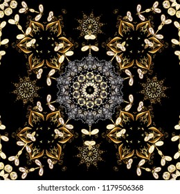 Golden pattern on black, brown and gray colors with golden elements. Floral tiles. Islamic design. Vector golden textile print. Seamless pattern oriental ornament.