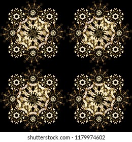 Golden pattern on black, brown and beige colors with golden elements. Traditional classic golden pattern. Vector oriental ornament. Seamless oriental ornament in the style of baroque.