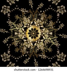 Golden pattern on black and brown colors with golden elements. Vector oriental ornament. Seamless golden pattern.