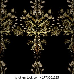 Patrón dorado sobre colores negros y marrones con elementos dorados. Vector vintage barroco floral sin costuras en oro. Lujo, concepto real y victoriano. Decoración ordenada.
