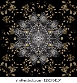 Golden pattern on black colors with golden elements. Backdrop, fabric, gold wallpaper. Flat hand drawn vintage collection. Vector golden seamless pattern.