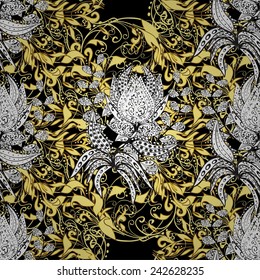 Golden pattern on black colors with golden elements. Traditional classic golden pattern. Vector oriental ornament. Seamless oriental ornament in the style of baroque.