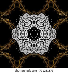 Golden pattern on black colors with white doodles. Vector golden pattern. Seamless golden textured curls in oriental style arabesques.