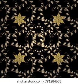 Golden pattern on black colors with golden elements. Seamless oriental ornament in the style of baroque. Vector oriental ornament. Traditional classic golden pattern.