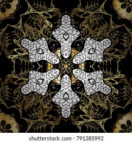 Golden pattern on black colors with golden elements. Ornate decoration. Vector vintage baroque floral seamless pattern in gold. Luxury, royal and Victorian concept.