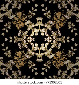 Golden pattern on black colors with golden elements. Flat hand drawn vintage collection. Backdrop, fabric, gold wallpaper. Vector golden seamless pattern.