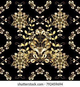 Golden pattern on black colors. Seamless golden pattern. Vector oriental ornament.