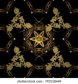 Golden pattern on black colors with golden elements. Ornate vector decoration. Seamless damask pattern background for wallpaper design in the style of Baroque.
