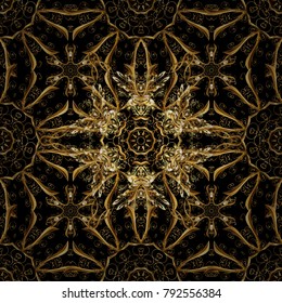 Golden pattern on black colors with golden elements. Seamless golden pattern. Vector oriental ornament.