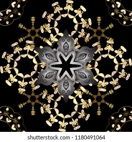 Golden pattern on black, gray and brown colors with golden elements. Seamless oriental ornament in the style of baroque. Vector oriental ornament. Traditional classic golden pattern.