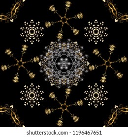 Golden pattern on black, gray and brown colors with golden elements. Seamless golden pattern. Vector oriental ornament.