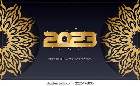 Golden pattern on black. Happy New Year 2023 greeting card.