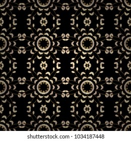 Golden pattern on black, white and brown colors with golden elements. Classic vintage background. Traditional orient ornament. Seamless classic vector golden pattern.